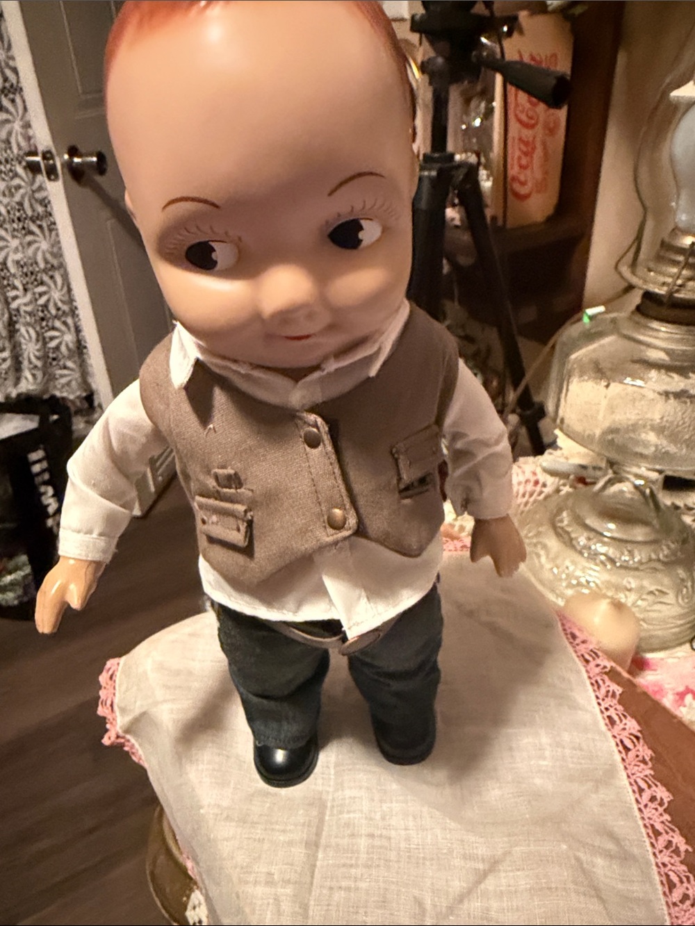 Classic Children's Doll in Beige Vest and White Shirt